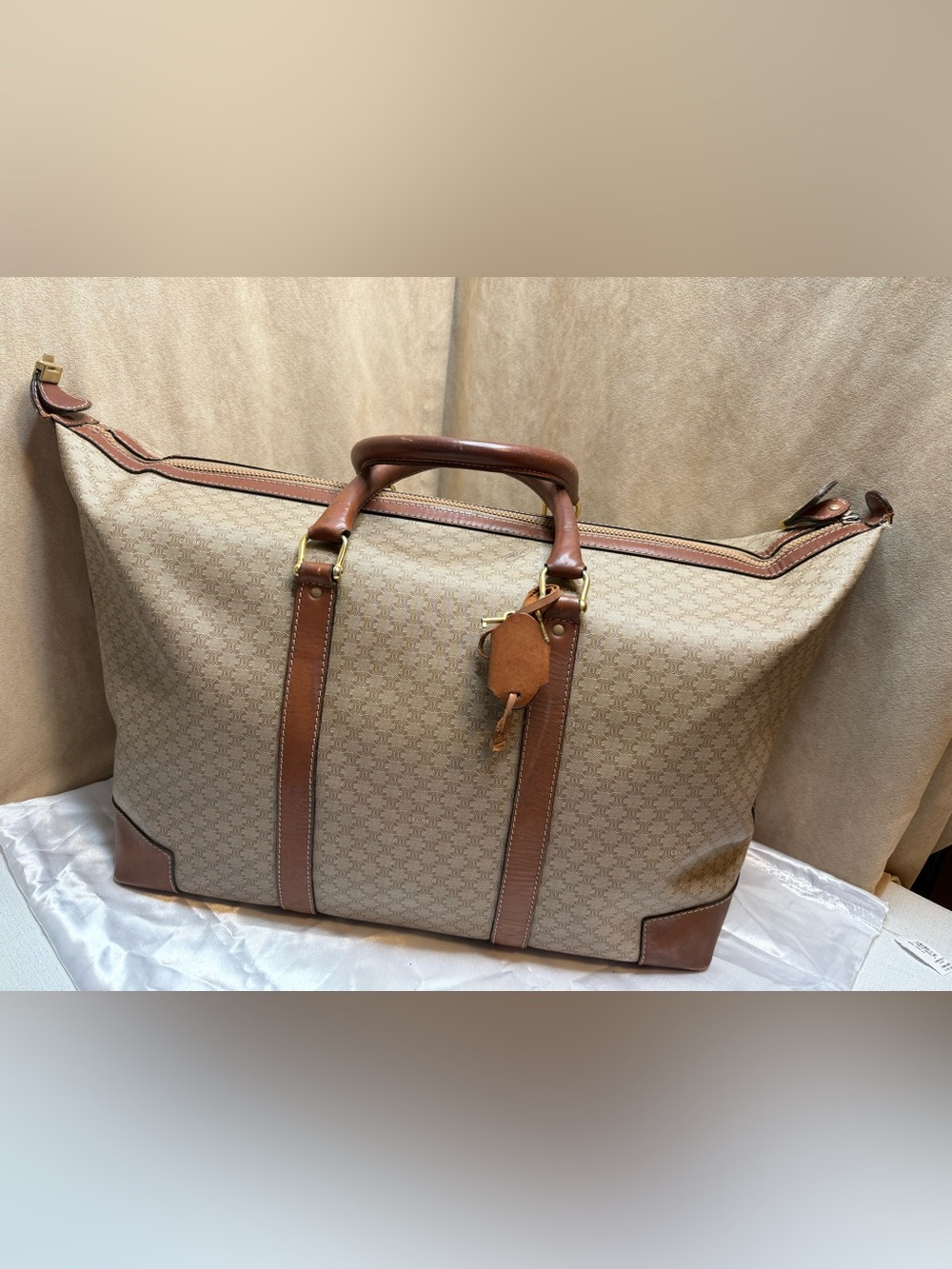 Vintage Celine Macadam Canvas Weekender Travel Bag Leather Made Italy